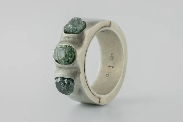 Terrestrial Surfaced, 3 Rough Green Sapphires Ring