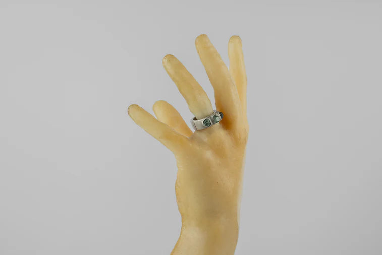 Terrestrial Surfaced, 3 Rough Green Sapphires Ring